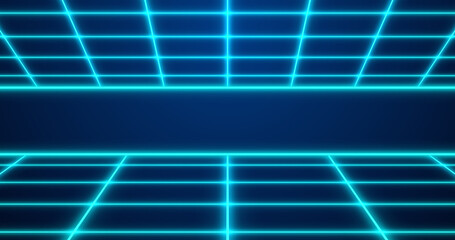 Dynamic Retro style 80s neon colored grid seamless bg. Sci-Fi movies like digital laser grid moving cyber background. Synthwave style glowing grids backdrop for techno nightclub, disco dance floor.