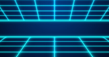 Dynamic Retro style 80s neon colored grid seamless bg. Sci-Fi movies like digital laser grid moving cyber background. Synthwave style glowing grids backdrop for techno nightclub, disco dance floor.