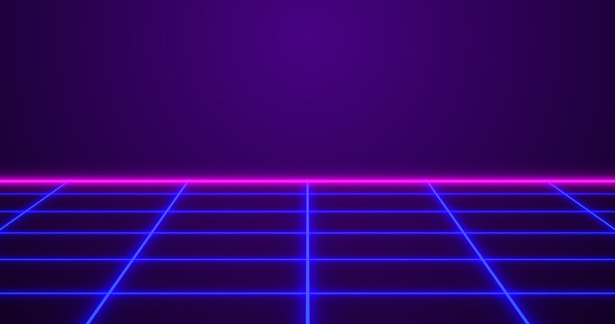 Infinite grid moving glitch clip till the horizon. Games start intro electrified fied vapur style synthwave running neon grid background. Techno style with punk colors video games bg.