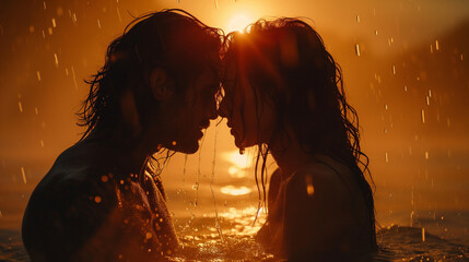 Couple in water in the rain - obrazy, fototapety, plakaty