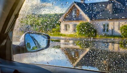 Wallpaper rain water on windscreen reflection in car mirror and water drops ion wet ground - obrazy, fototapety, plakaty