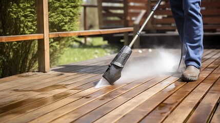 power washer - high water pressure cleaner on wooden patio surfaces