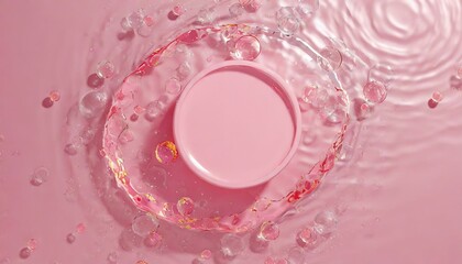 Fototapeta premium Summer Elegance: Top View of Pink Transparent Water Surface with Splashes and Bubbles, Cosmetic Podium