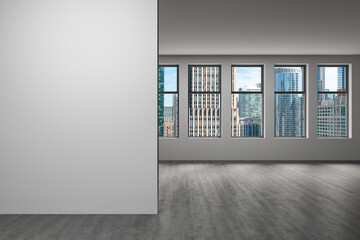 Downtown Chicago City Skyline Buildings Window background. Copy space white wall. Empty room...