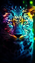 the bright neon green, orange and brown leopard, in the style of dark cyan and violet, mysterious realism, nightcore, datamosh, uhd image, massurrealism, depictions of animals