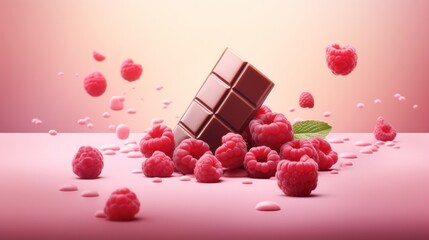 Artistic composition of dark chocolate chunks and raspberries scattered on a pink background.