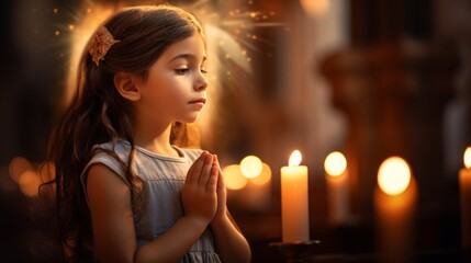 Serene young girl praying with closed eyes in a candlelit environment.