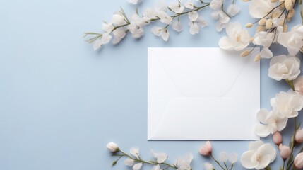 Delicate white blossoms and buds encircle a blank greeting card on a soft blue background, ideal for special occasions.