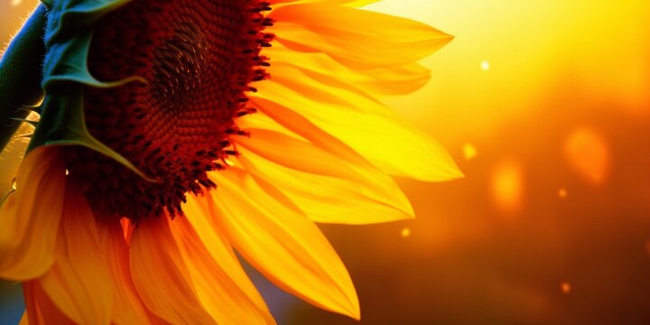 Close-up of a sunflower bathed in the warm glow of a sunset, with a vibrant orange backdrop.