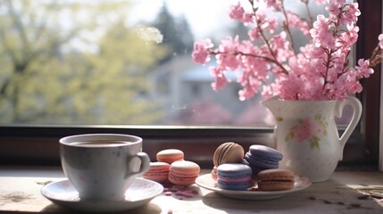 A cozy scene with a cup of tea, colorful macarons, and a vase of pink blossoms by a sunny window.