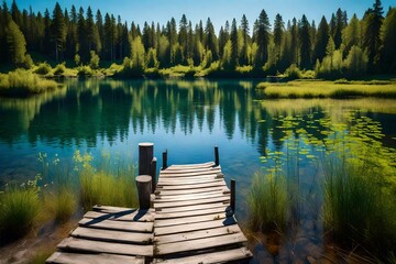 xperience the tranquility of Traditional Finnish and Scandinavian scenes with an HD image showcasing a picturesque lake on a summer day. An old rustic wooden dock or pier in Finland stretches into the