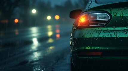 Fototapeta na wymiar Raindrops on a car with glowing tail lights reflect on a wet street during a moody urban night.