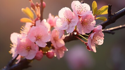 Delicate cherry blossoms covered in morning dew, symbolizing the beauty and transience of spring.