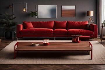 Witness the beauty of interior simplicity with an HD-captured image showcasing a realistic 3D renblue and reddering of a modern sofa in a minimalist living room, set against a transparent background