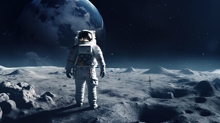 Spaceman or Astronaut on the Surface of Moon. Planet, Space, Luna, Spacewalk, Cosmic, Exploration
 - obrazy, fototapety, plakaty