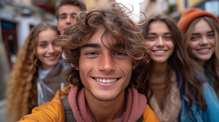 Groupe de jeunes gens joyeux  et d'amis proches en tenues chaudes, partageant des moments de bonheur en extérieur