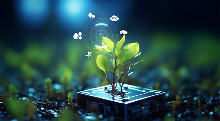 Green leaf plant on circuit. Concept smart farming agriculture technology. Future network of natural environment harvest management. Intelligence garden control application eco system. Ai generative.