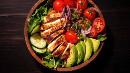 Healthy Food delivery, variant green salad and grilled chicken meat or grilled salmon in paper container for delivery, top view AI generated, copy space for texts