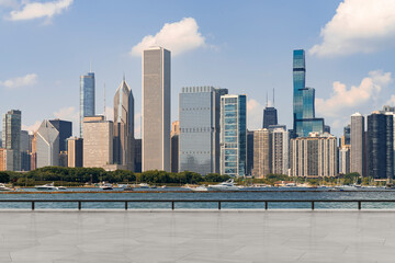 Naklejka premium Skyscrapers Cityscape Downtown, Chicago Skyline Buildings. Beautiful Real Estate. Day time. Empty rooftop View. Success concept.