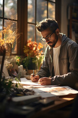 artist illustrator working in his workspace, ai generated