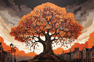 Explore the mysterious charm of a gothic town with a vividly colored tree, bathed in dark orange and light bronze hues. A captivating and atmospheric illustration. - obrazy, fototapety, plakaty