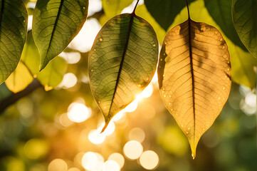 Close-up photo of a cluster of vibrant green leaves basking in the warm sunlight. Delicate veins...