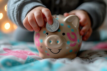 Child's hand delicately places a coin into a piggy bank, curiosity and excitement evident. A close-up capturing the joy of saving and financial exploration.
