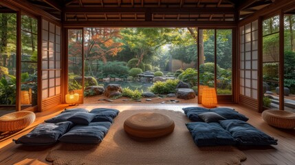 Fototapeta premium Oasis de sérénité : intérieur zen avec vue verdoyante, éclairage naturel, et décoration naturelle