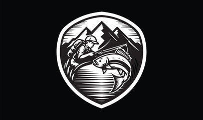 Boy, fish, fishing, logo mountain 