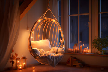 A room with a cozy cocoon swing