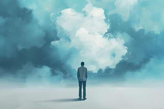 A man standing alone, lost in thought, surrounded by a sad mist. Illustrating the concept of feeling sad, burdened in mind, and deeply contemplative.