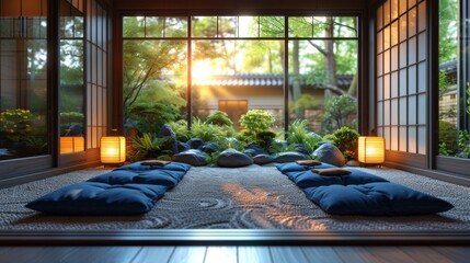 Harmonie japonaise : Espace intérieur serein avec vue sur un jardin traditionnel, table basse et coussins au sol, intégration parfaite de la nature - obrazy, fototapety, plakaty