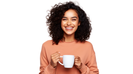 Happy young energetic woman Indian smiling, holding cup isolated on transparent and white background.PNG image.
