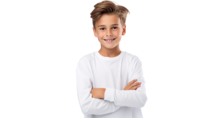 Happy young caucasian boy wearing jeans with arms crossed isolated on transparent and white background.PNG image.