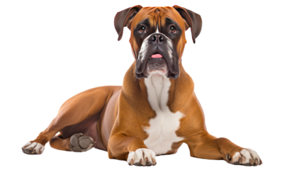 Happy and smiling large Boxer crossbreed dog lying down isolated on transparent and white background.PNG image.