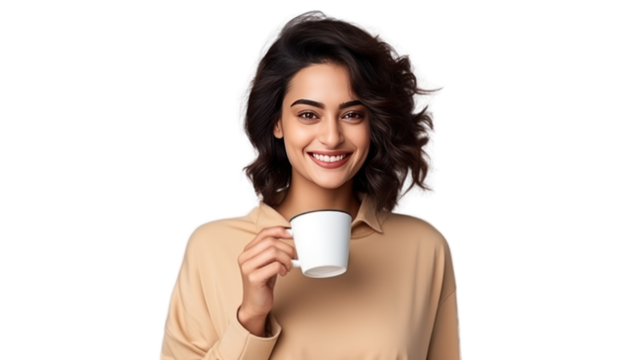 Happy young energetic woman Indian smiling, holding cup isolated on transparent and white background.PNG image.