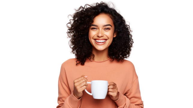 Happy young energetic woman Indian smiling, holding cup isolated on transparent and white background.PNG image.