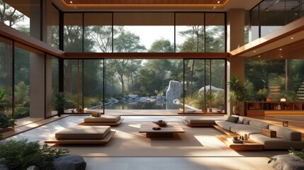 Élégance naturelle : Salon moderne avec vue panoramique sur une forêt montagneuse, design contemporain et ambiance chaleureuse - obrazy, fototapety, plakaty