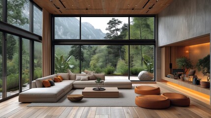 Élégance naturelle : Salon moderne avec vue panoramique sur une forêt montagneuse, design contemporain et ambiance chaleureuse - obrazy, fototapety, plakaty