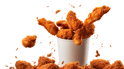 Fried chicken flying out of paper bucket isolated on transparent and white background.PNG image.