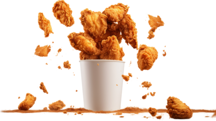 Fried chicken flying out of paper bucket isolated on transparent and white background.PNG image.