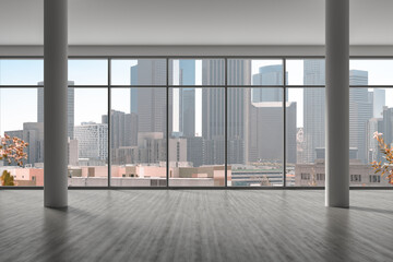 Downtown Los Angeles City Skyline Buildings from High Rise Window. Beautiful Expensive Real Estate overlooking. Epmty room Interior Skyscrapers View Cityscape. day time. California. 3d rendering. - obrazy, fototapety, plakaty