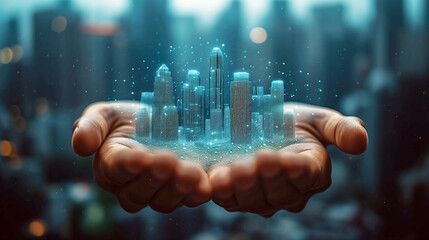 Investment concept. Business people hold modern buildings hologram and have a growing investment graph
