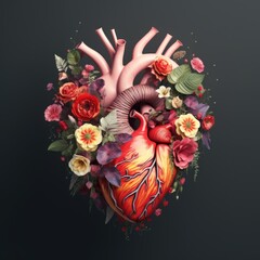 Human heart with flowers, love and emotion concept, good hearted person, help and charity.