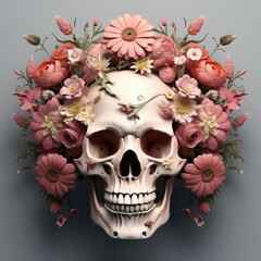 Human skull with crown of flowers. 3d render art