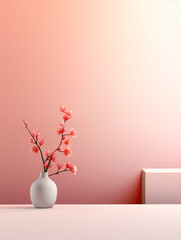 White Vase with Pink Flowers against White and Orange Gradient Wall