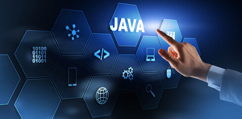 Business Man pushing on a touch screen interface Java Programming concept. Virtual machine - obrazy, fototapety, plakaty
