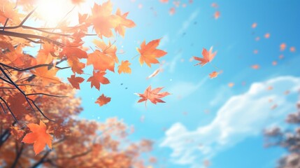 Vivid autumn leaves falling from a tree with a clear blue sky in the background, depicting fall season.