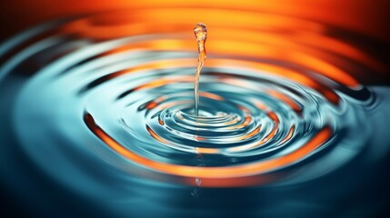 Close-up of a single water drop creating ripples, with a warm orange glow.
