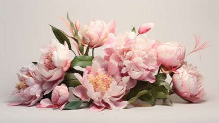 Obraz na płótnie Canvas A sophisticated arrangement of pink peonies and leaves elegantly displayed against a soft neutral backdrop.